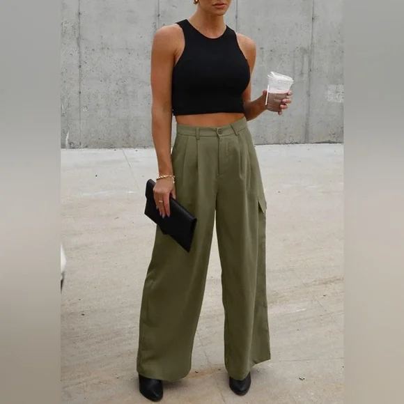 Dokotoo Women’s 12 High Waisted Wide Leg Cargo Pants 4 Pockets Baggy Casual NWT - Picture 2 of 14